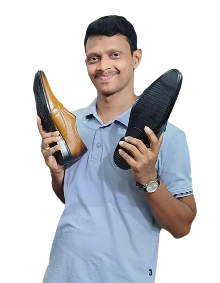saif uddin smiling when he is checking quality of shoes